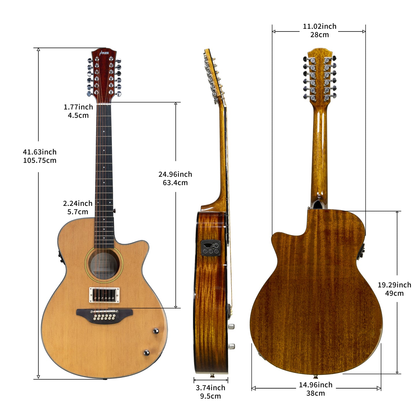 Haze 12-String Humbucker Saddle Height Adjustable Acoustic Guitar - Natural SDG82812CHEQN