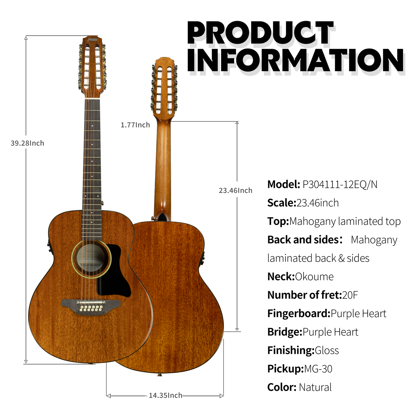 Haze 12-String 36" Saddle Height Adjustable Acoustic Guitar - Natural P30411112EQN