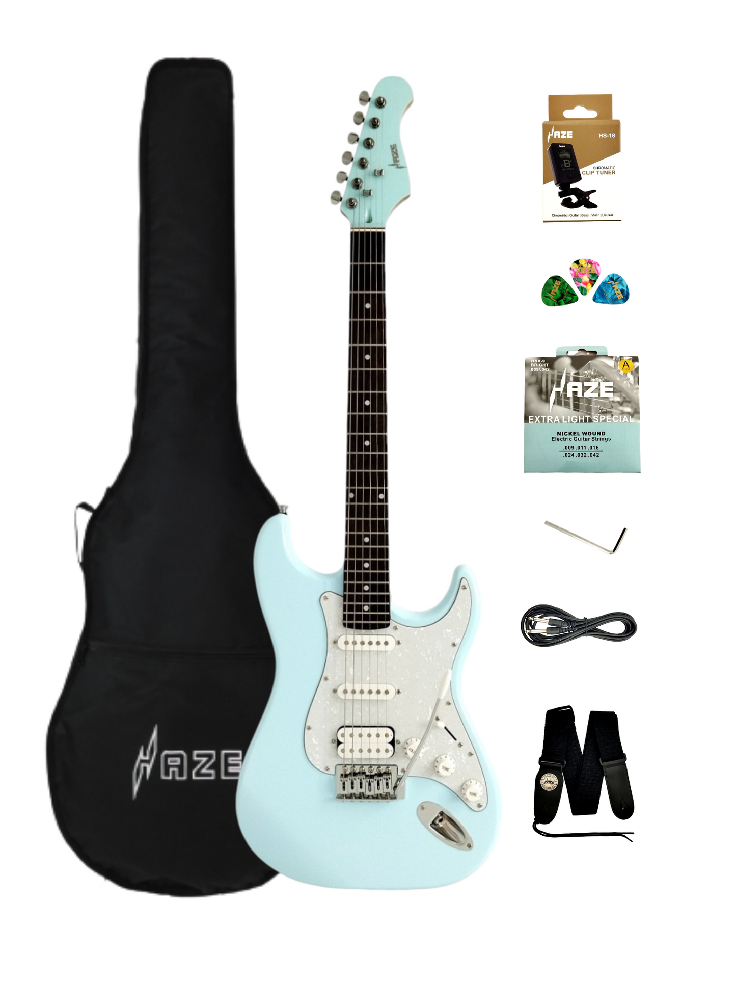 Haze E211 SONIC BLUE HST Electric Guitar with Accessories + 10W Amp (Optional)