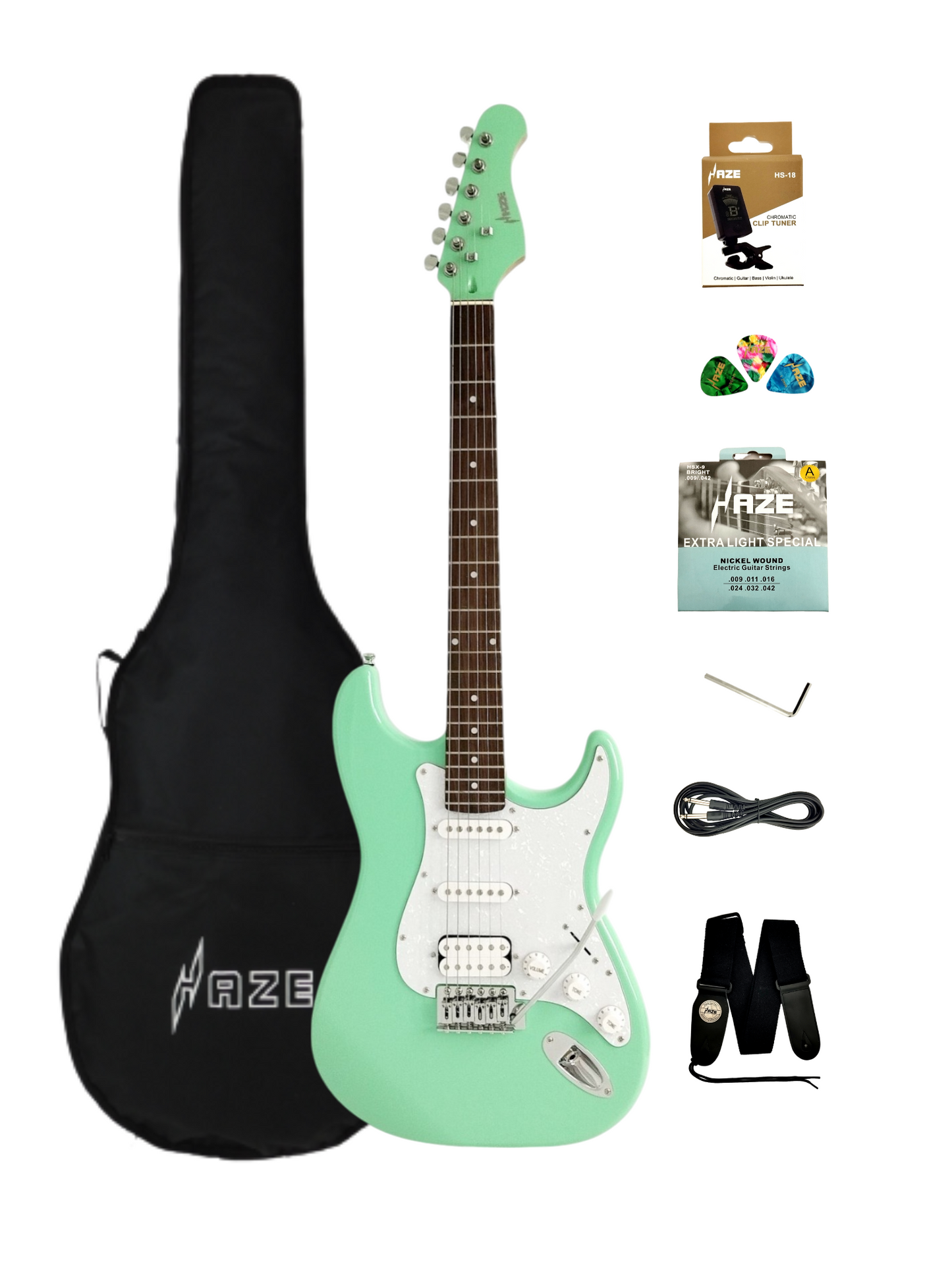 Haze E211 Surf Green HST Electric Guitar with Accessories + 10W Amp. (Optional)