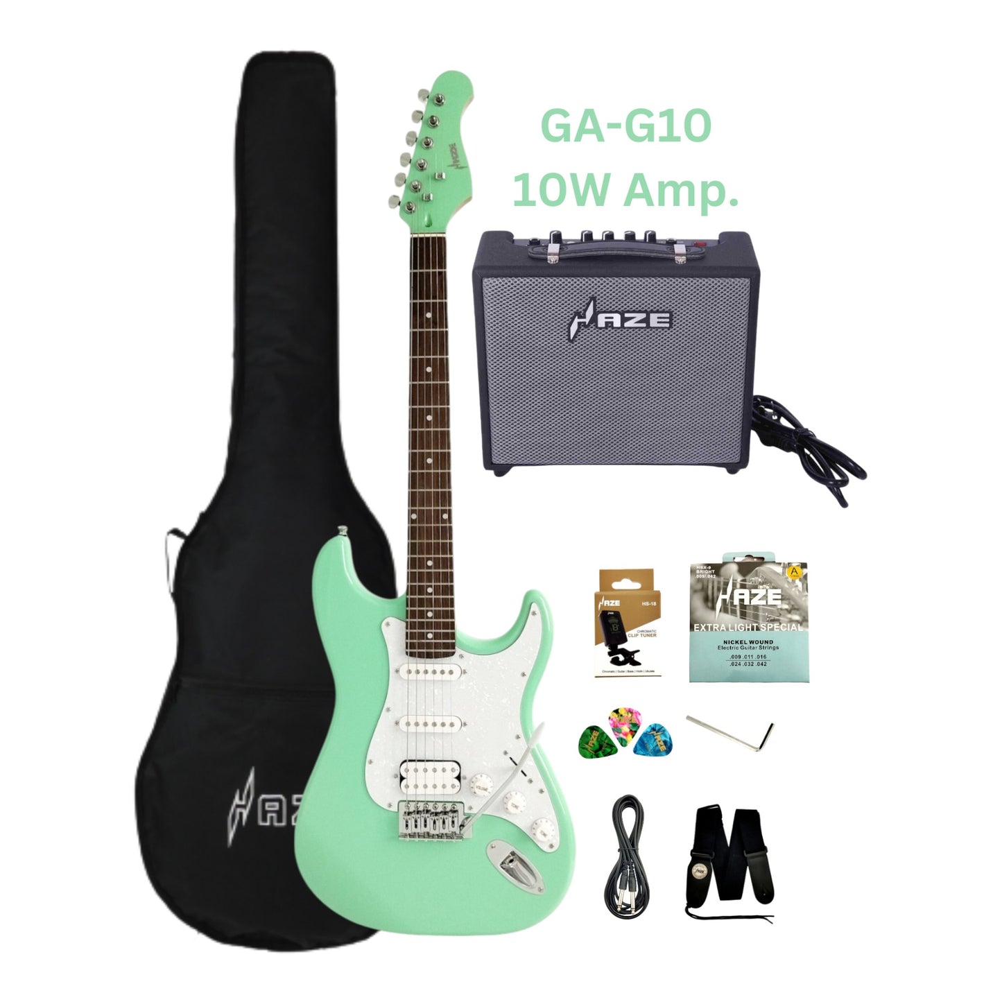 Haze E211 Surf Green HST Electric Guitar with Accessories + 10W Amp. (Optional)