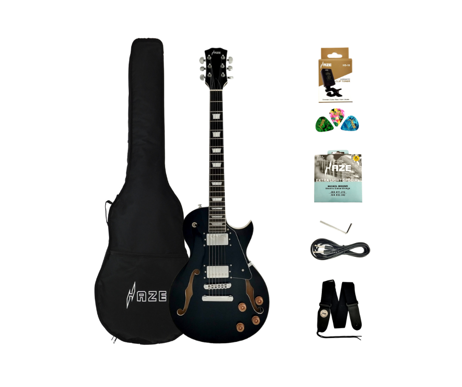 Haze E239BK Semi-Hollow Body Electric Guitar, Black + Free Gig Bag, Picks, Strap