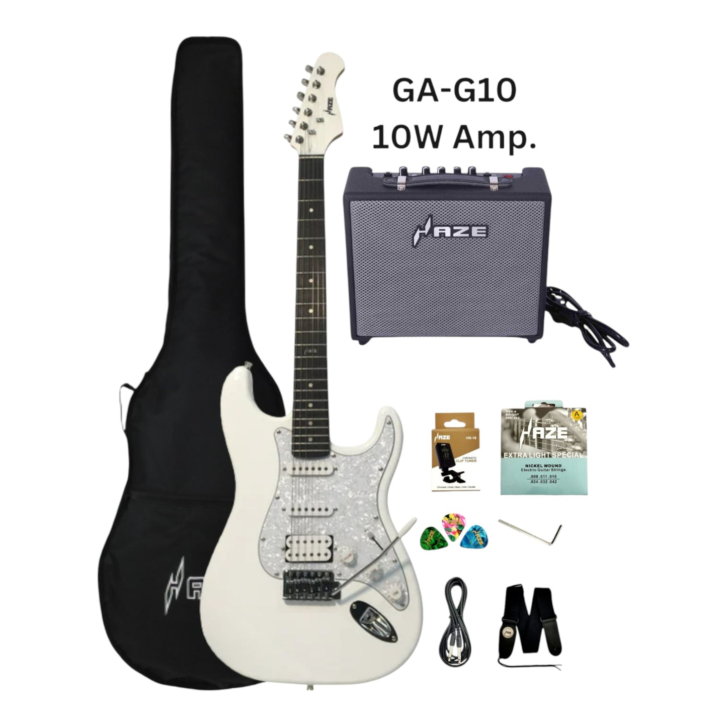 Haze E211 Arctic White HST Electric Guitar with Accessories + 10W Amp. (Optional)