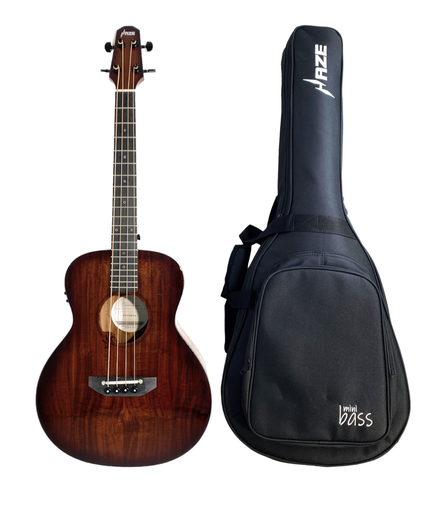 Haze 37" Solid Koa Top Height Adjustable Saddle Acoustic Bass Guitar - Natural HZMINISEBKOA