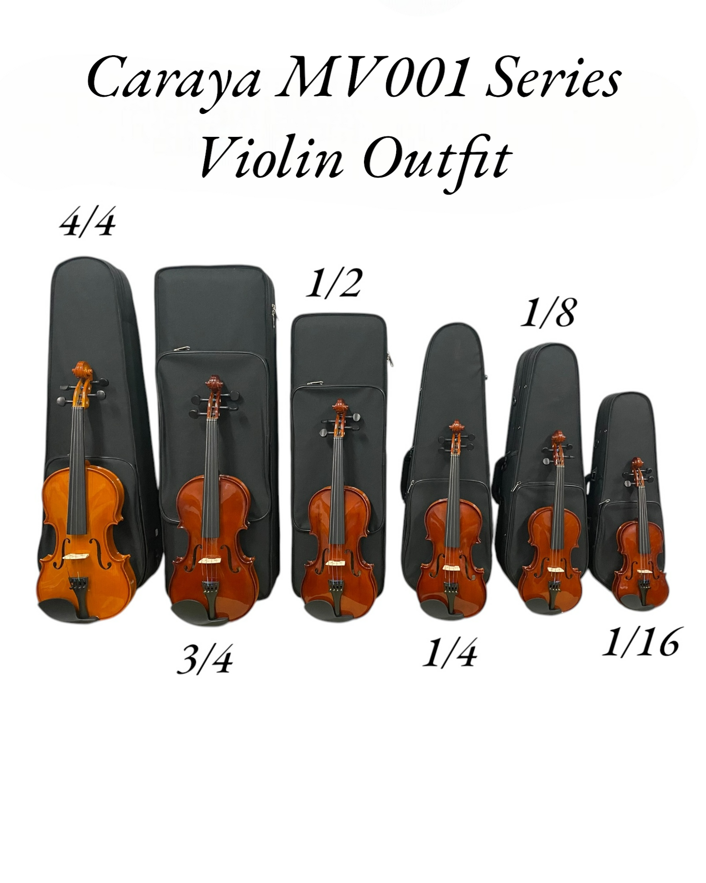 Caraya MV001 Solid Spruce Top 4/4 to 1/16 Size Violin Outfit in Natural Gloss - Beginner Bundle (MV001PK2)