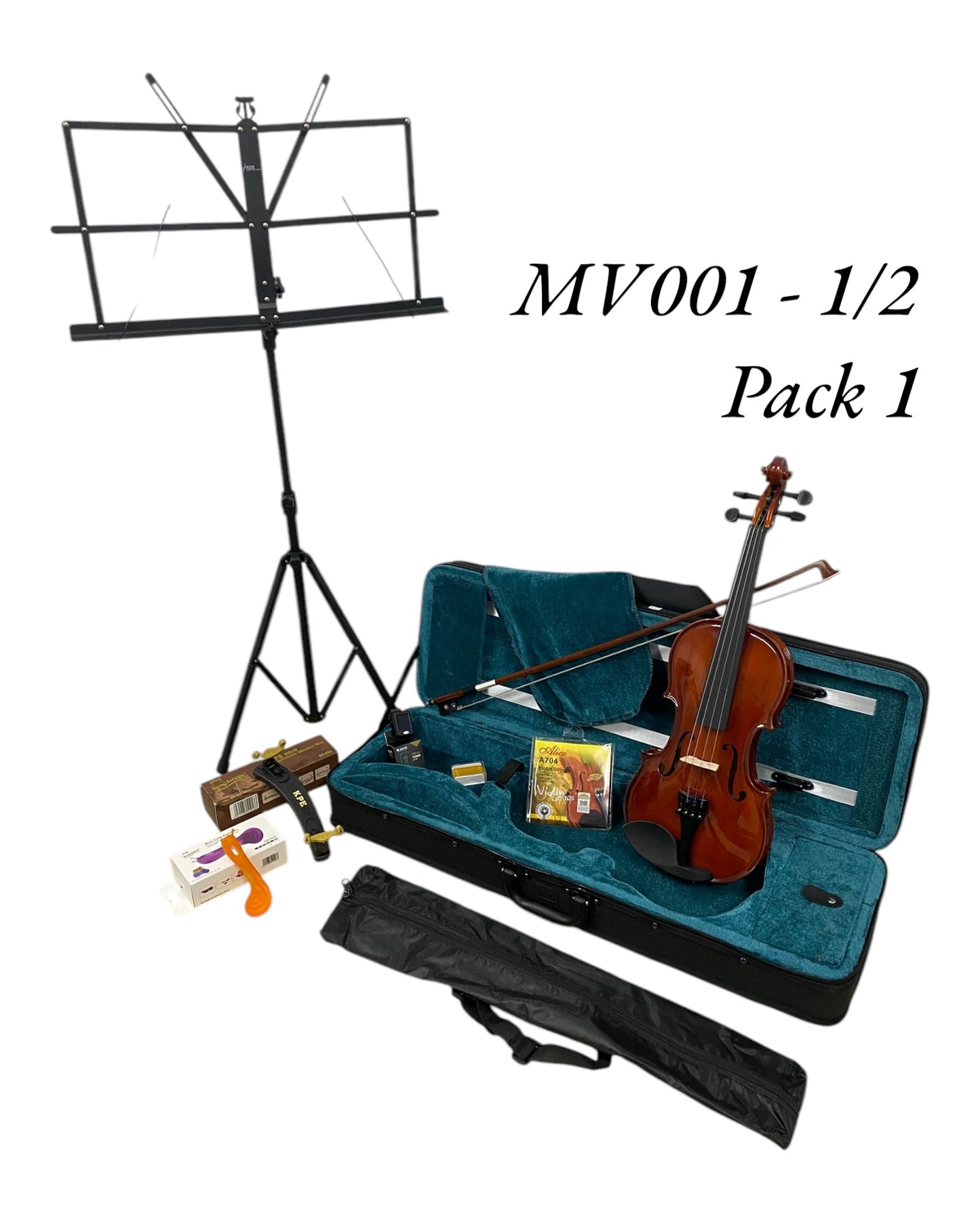 Caraya MV001 Solid Spruce Top 4/4 to 1/16 Size Violin Outfit in Natural Gloss - Student Bundle (MV001PK1)