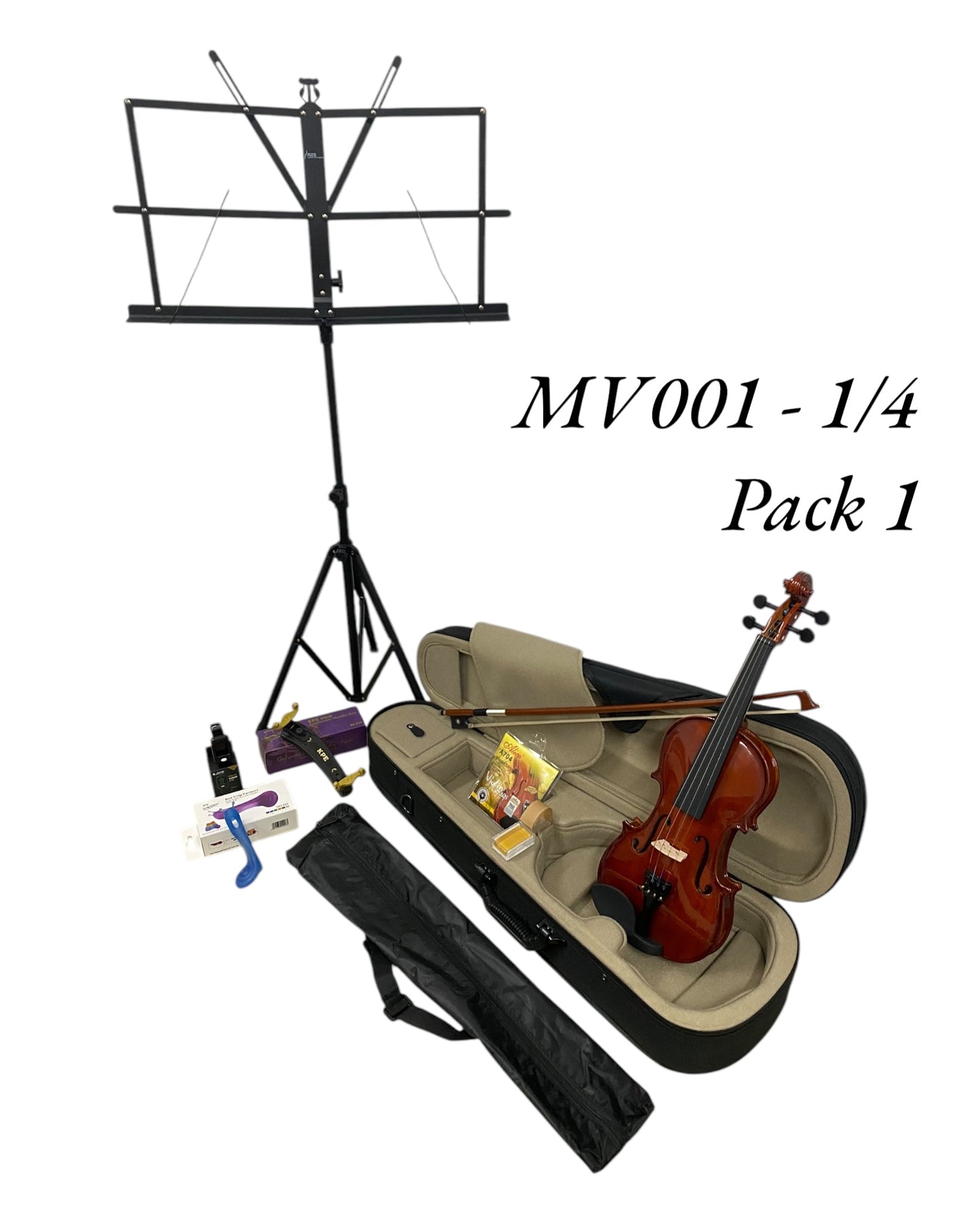 Caraya MV001 Solid Spruce Top 4/4 to 1/16 Size Violin Outfit in Natural Gloss - Student Bundle (MV001PK1)
