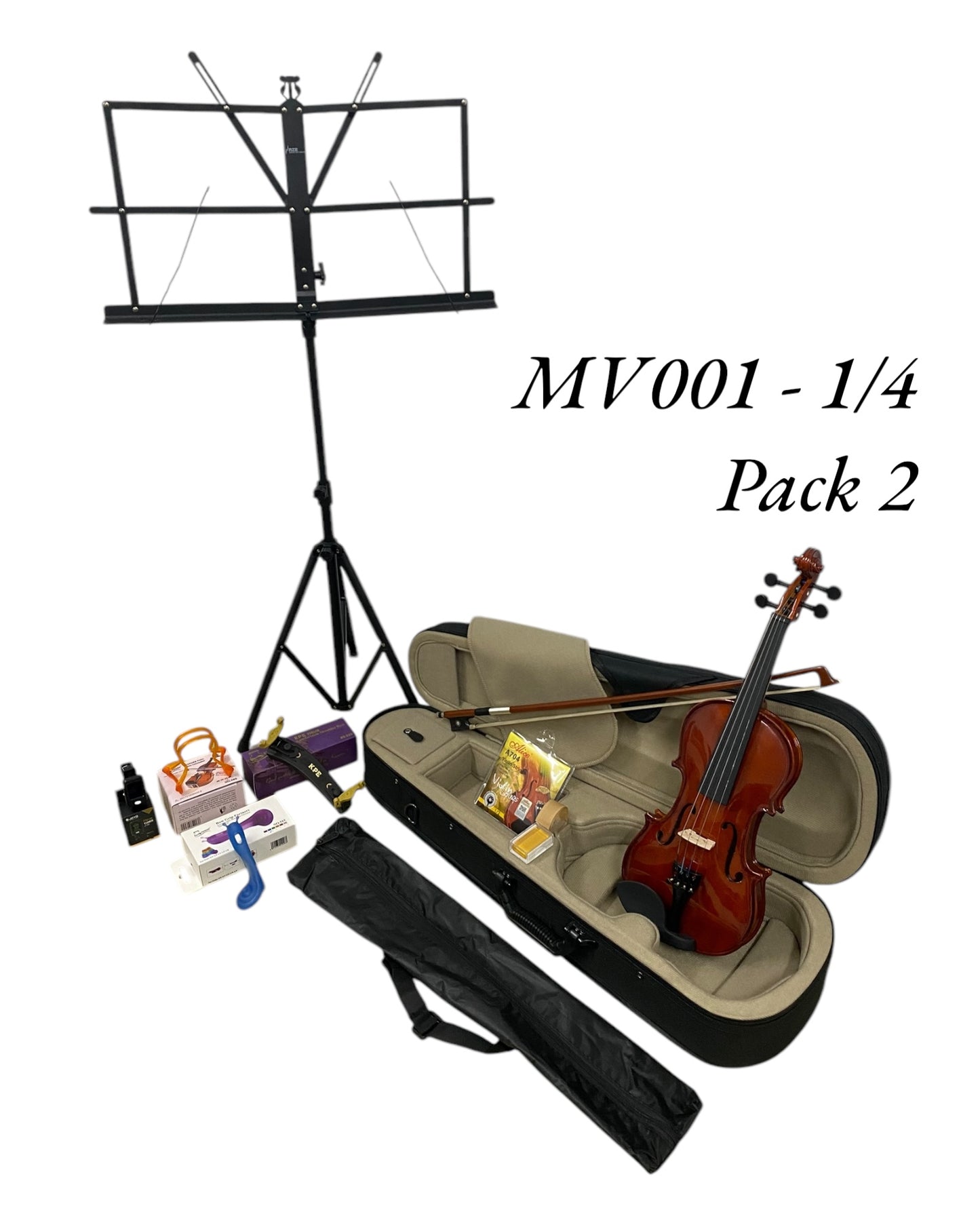 Caraya MV001 Solid Spruce Top 4/4 to 1/16 Size Violin Outfit in Natural Gloss - Beginner Bundle (MV001PK2)