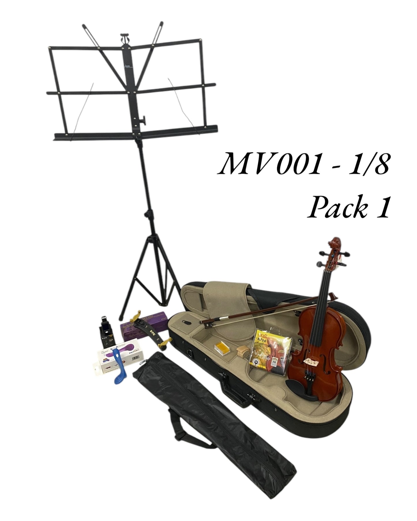Caraya MV001 Solid Spruce Top 4/4 to 1/16 Size Violin Outfit in Natural Gloss - Student Bundle (MV001PK1)