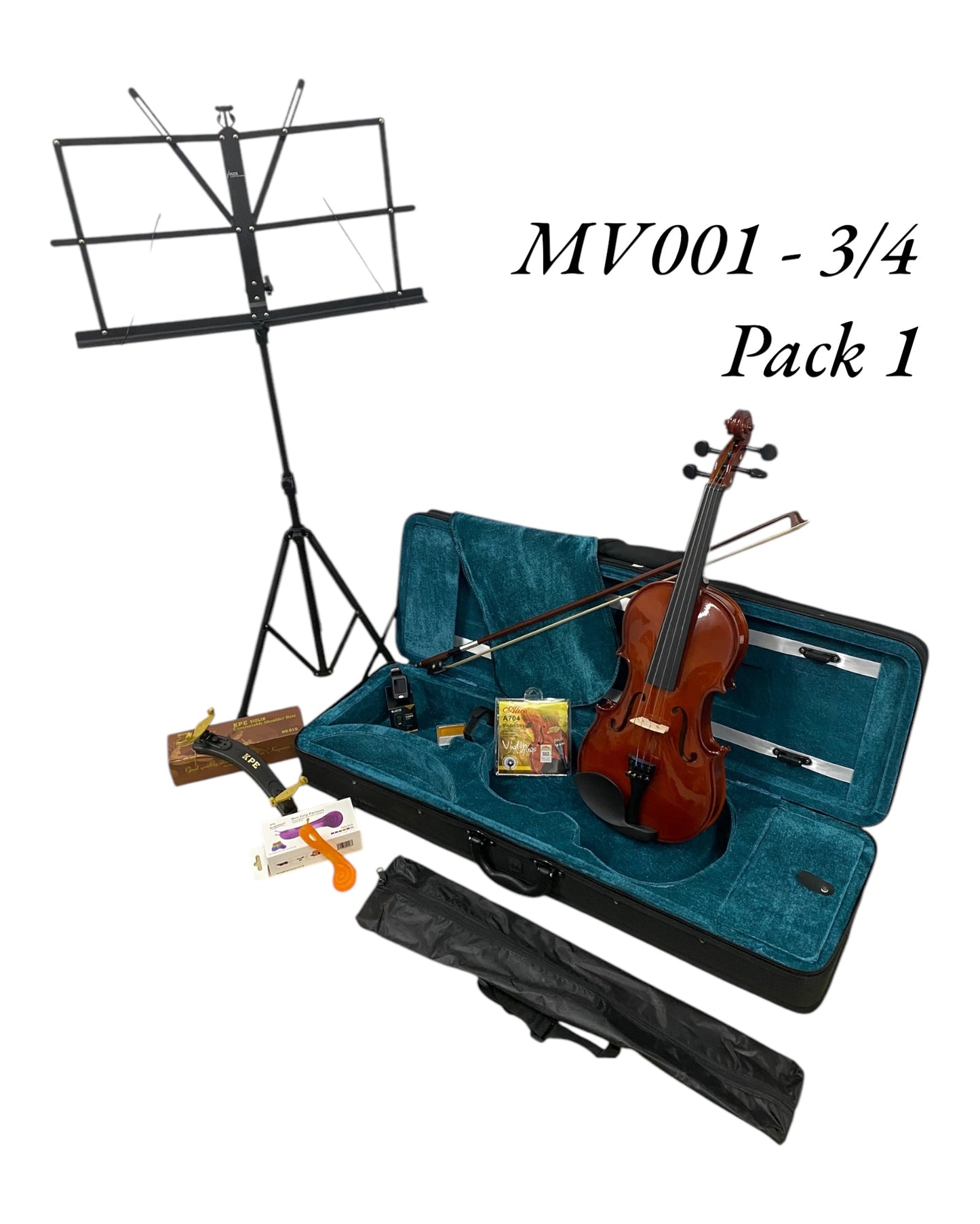 Caraya MV001 Solid Spruce Top 4/4 to 1/16 Size Violin Outfit in Natural Gloss - Student Bundle (MV001PK1)