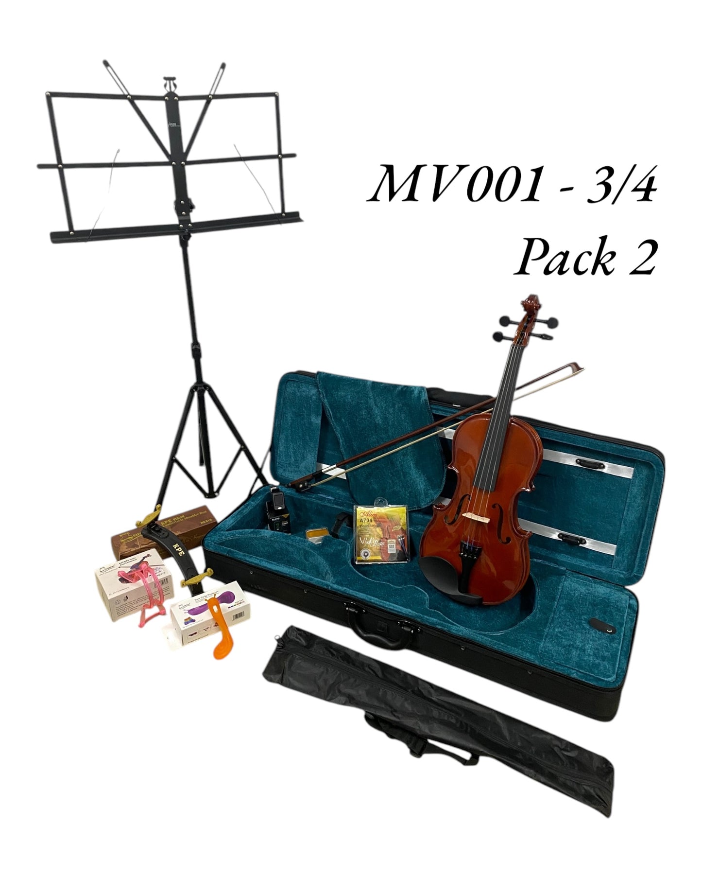 Caraya MV001 Solid Spruce Top 4/4 to 1/16 Size Violin Outfit in Natural Gloss - Beginner Bundle (MV001PK2)