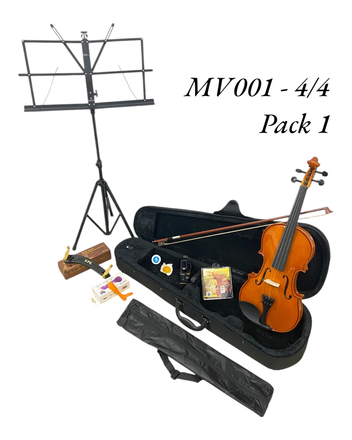 Caraya MV001 Solid Spruce Top 4/4 to 1/16 Size Violin Outfit in Natural Gloss - Student Bundle (MV001PK1)