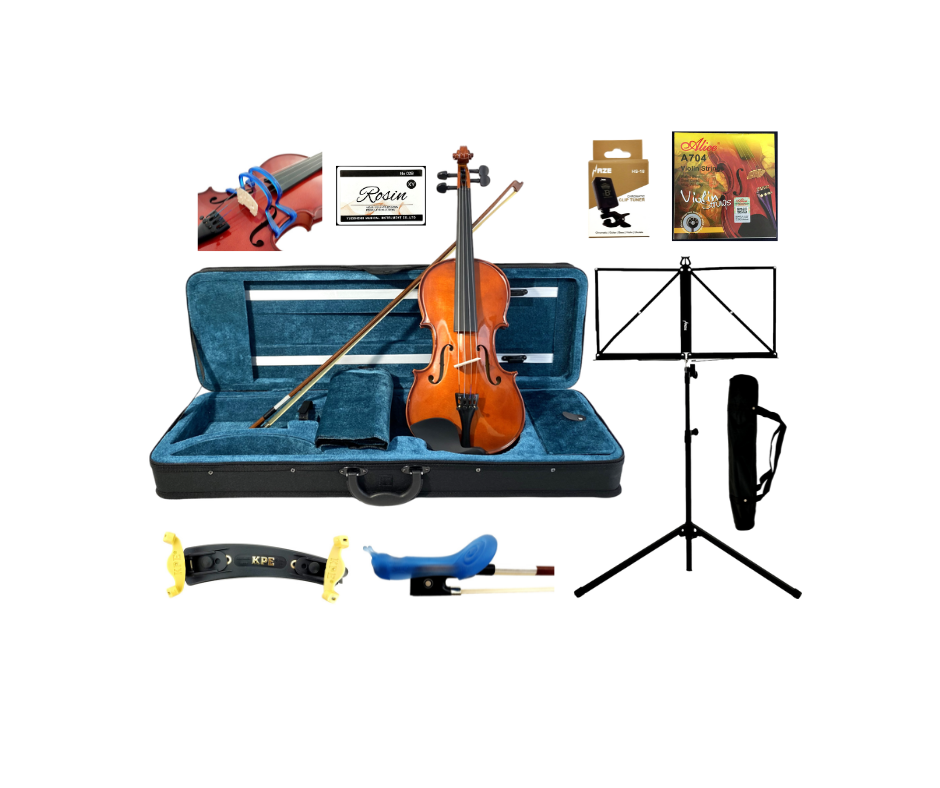 Caraya MV001 Solid Spruce Top 4/4 to 1/16 Size Violin Outfit in Natural Gloss - Beginner Bundle (MV001PK2)