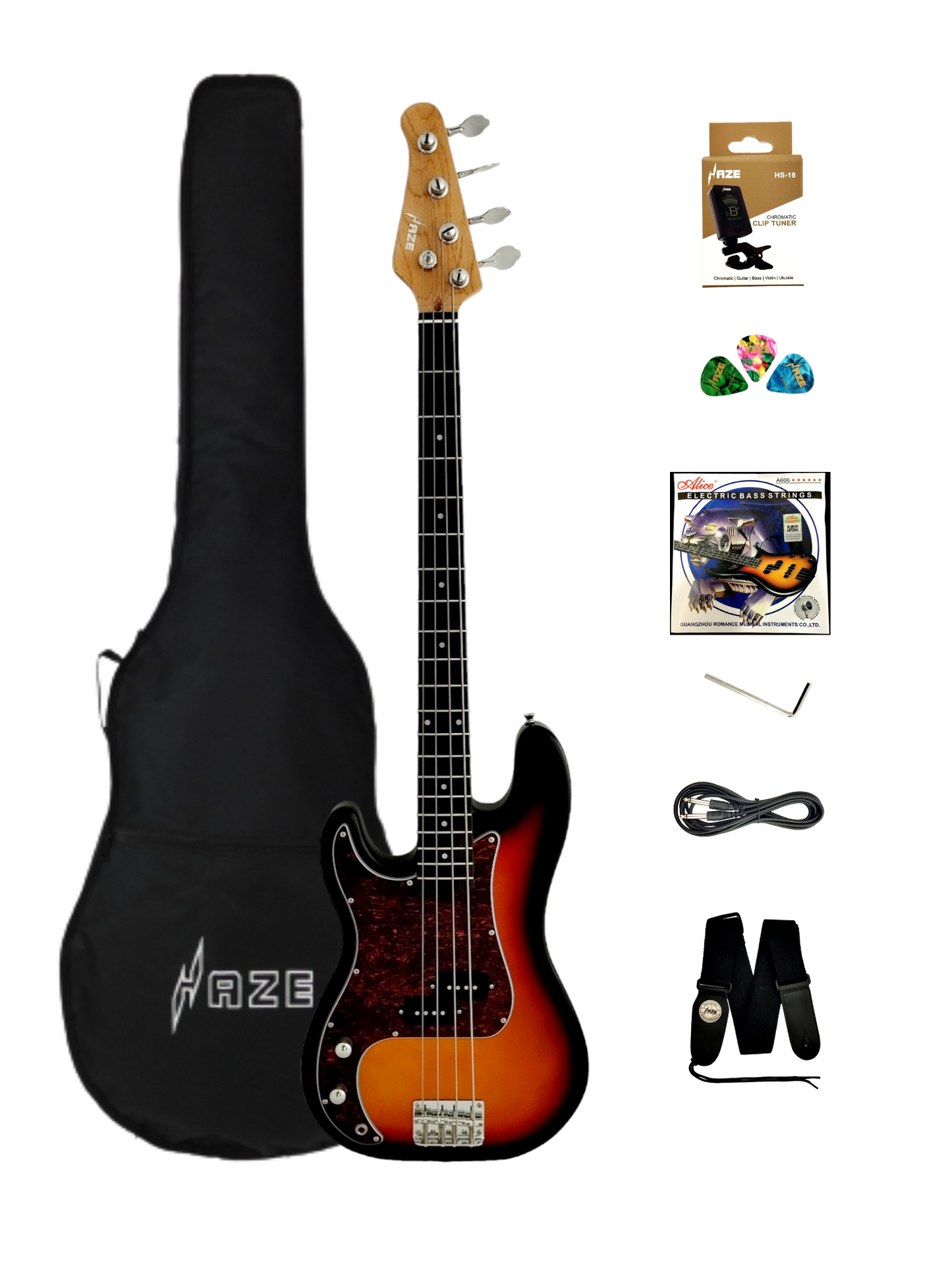 Haze Left Handed Basswood Sunburst Electric Bass Guitar - PB172BSLH with Accessories and Haze CUBEBABY Portable Multifunctional Bass (Optional)