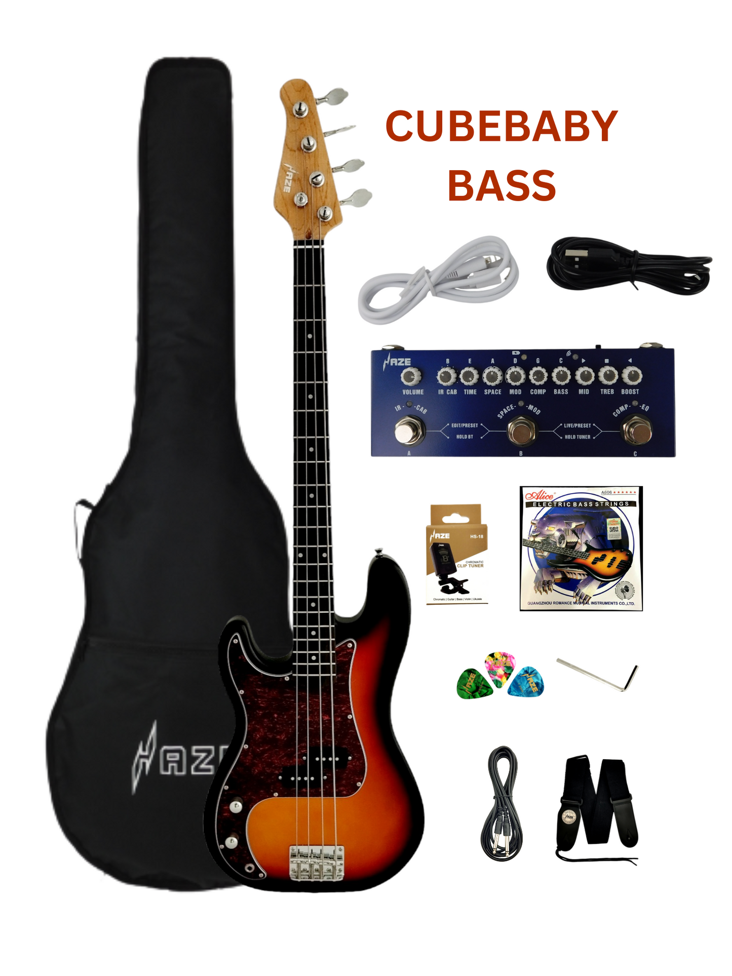 Haze Left Handed Basswood Sunburst Electric Bass Guitar - PB172BSLH with Accessories and Haze CUBEBABY Portable Multifunctional Bass (Optional)