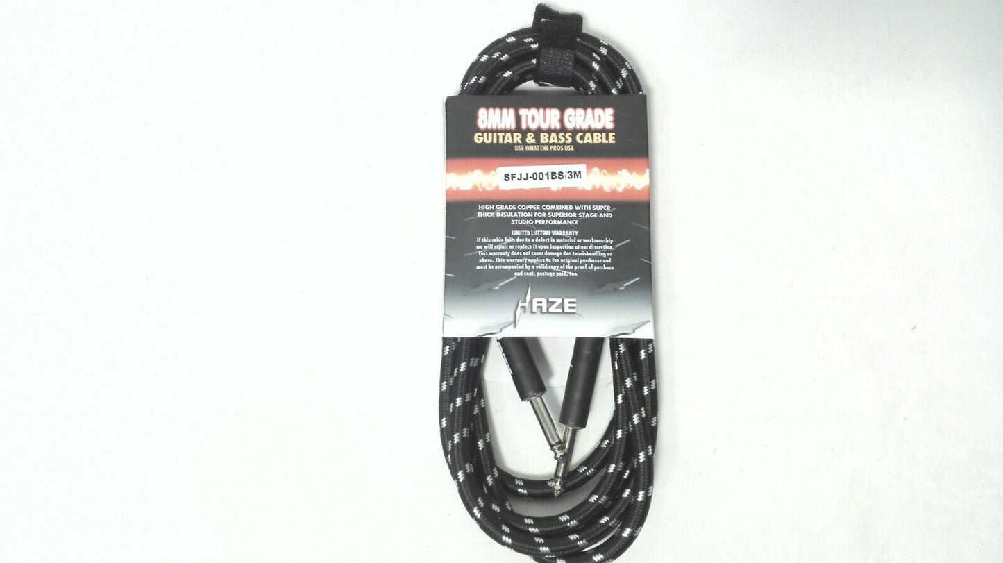 Haze Tour Grade Braided Tweed Guitar/Instrument Cable/Lead,3m,6m,10m,15m Black+Silver SFJJ-001