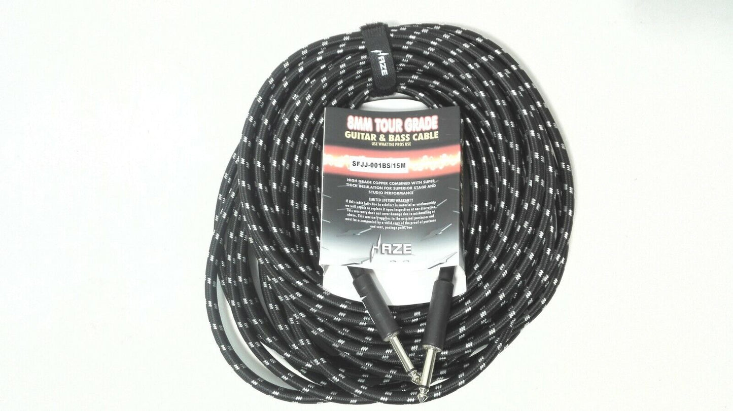 Haze Tour Grade Braided Tweed Guitar/Instrument Cable/Lead,3m,6m,10m,15m Black+Silver SFJJ-001