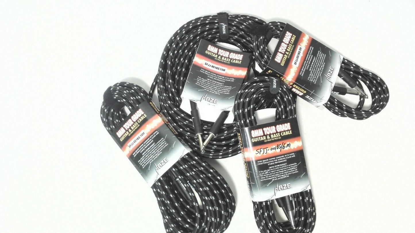 Haze Tour Grade Braided Tweed Guitar/Instrument Cable/Lead,3m,6m,10m,15m Black+Silver SFJJ-001
