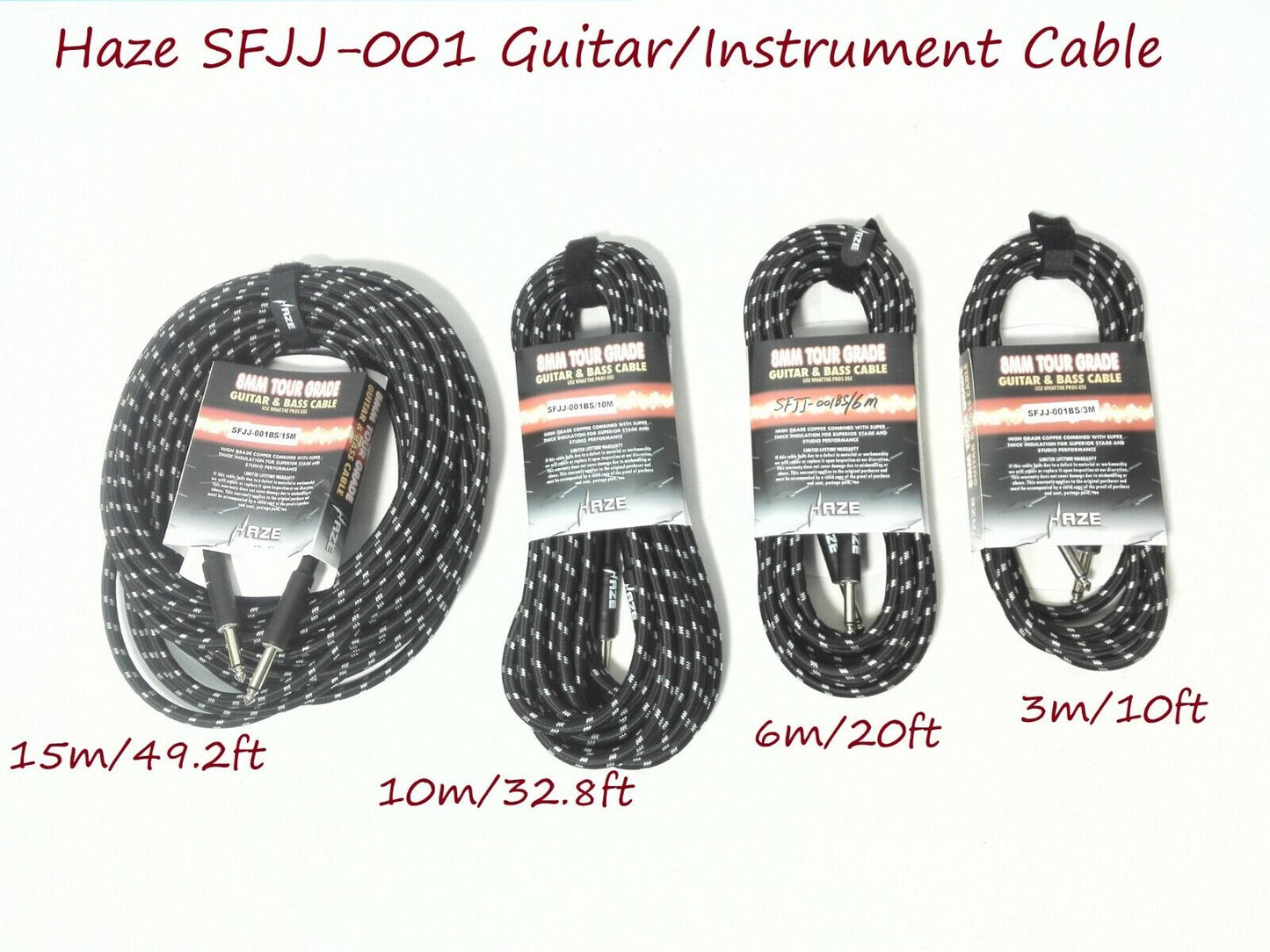 Haze Tour Grade Braided Tweed Guitar/Instrument Cable/Lead,3m,6m,10m,15m Black+Silver SFJJ-001