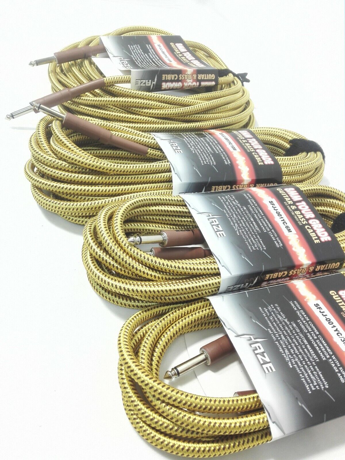 Haze Tour Grade Braided Tweed Guitar/Instrument Cable/Lead,3m,6m,10m,15m Yellow+Brown SFJJ-001