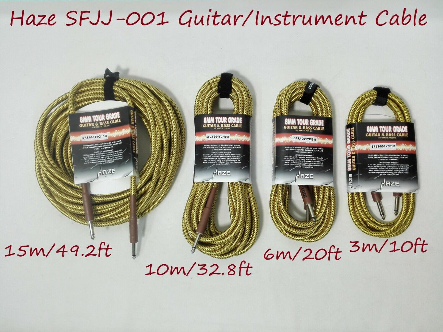Haze Tour Grade Braided Tweed Guitar/Instrument Cable/Lead,3m,6m,10m,15m Yellow+Brown SFJJ-001