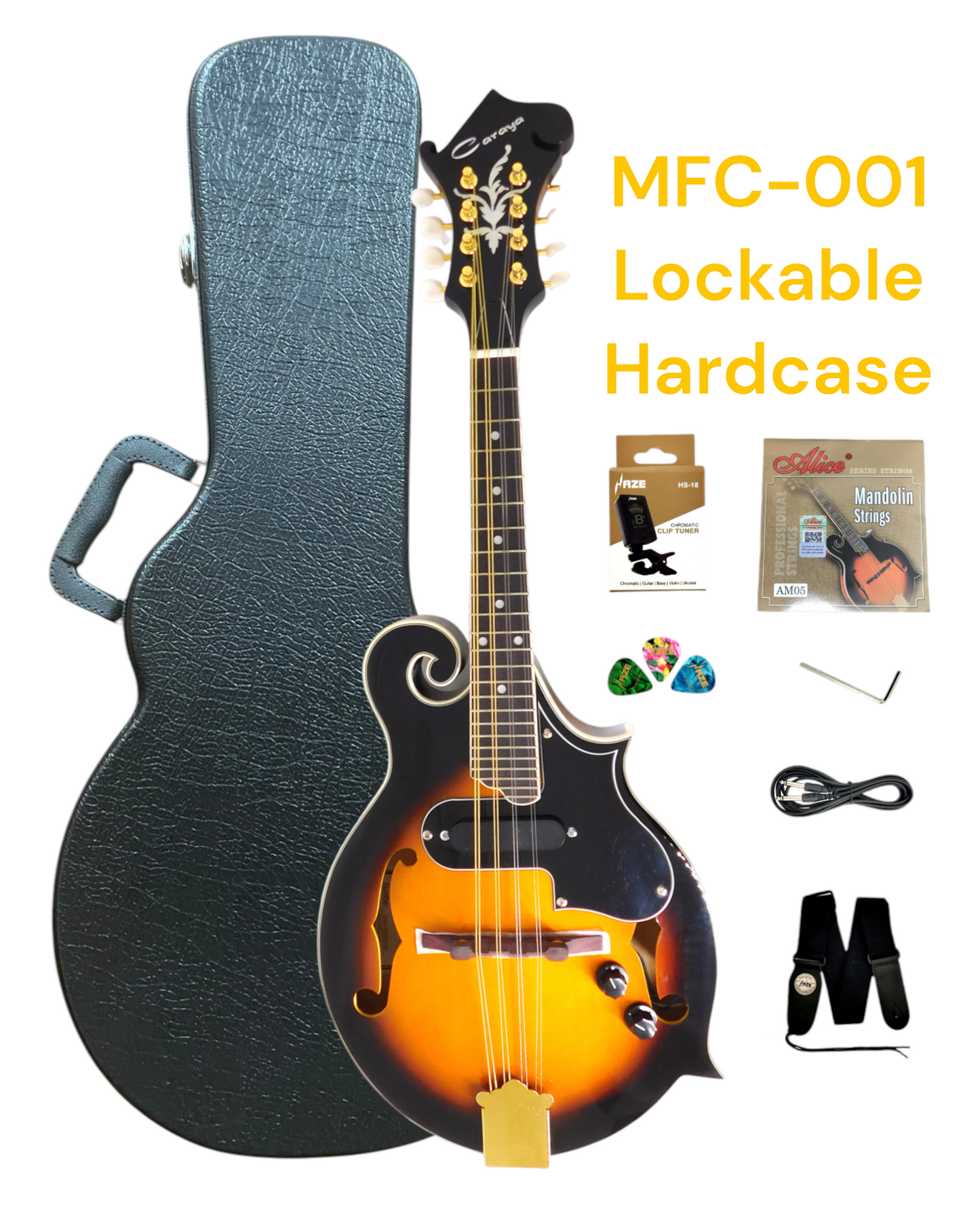 Caraya Solid Spruce Top F-Style Acoustic-Electric Mandolin in Sunburst w/ Accessories & Lockable Hardcase (Optional) - SMA008EQVS