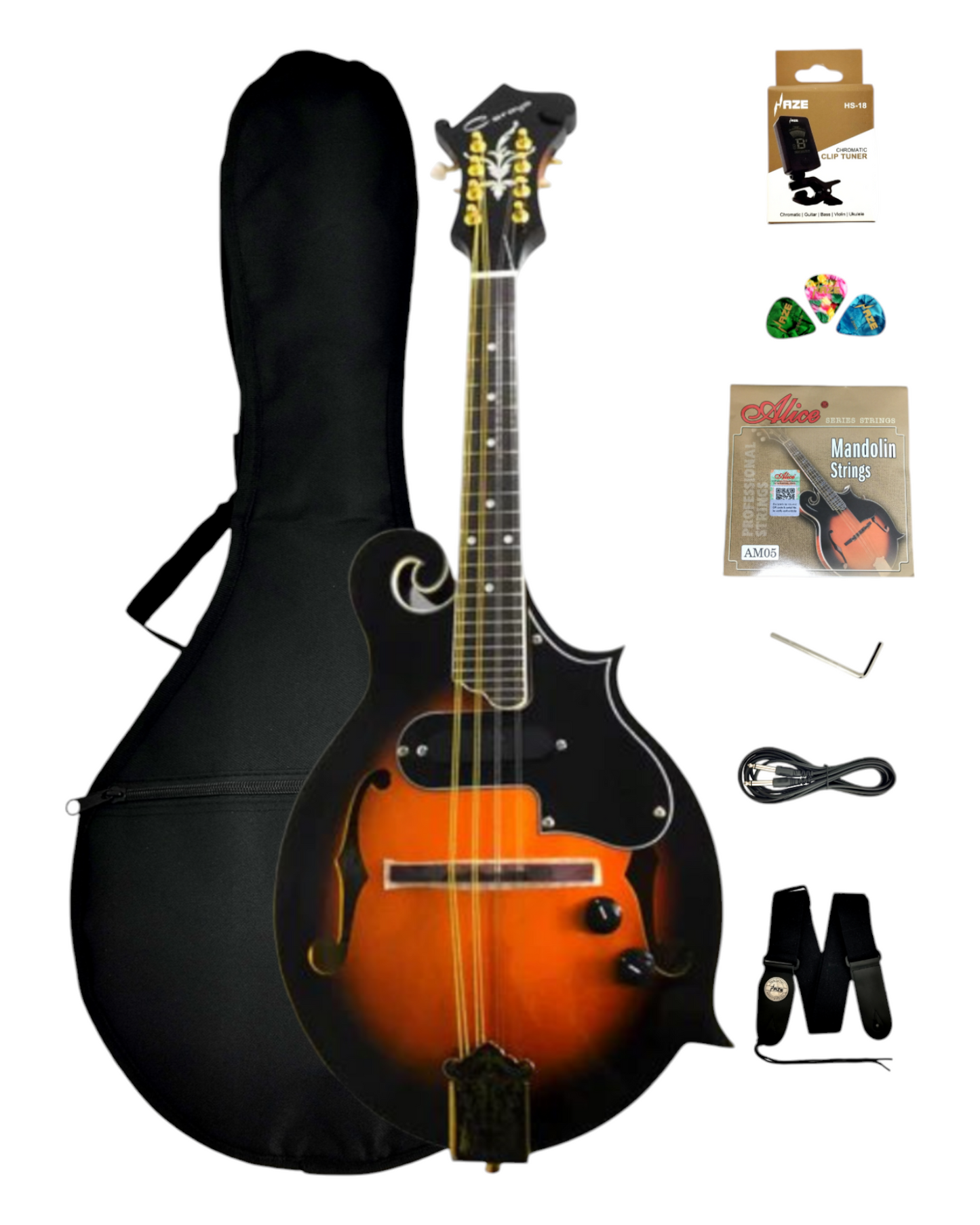 Caraya Solid Spruce Top F-Style Acoustic-Electric Mandolin in Sunburst w/ Accessories & Lockable Hardcase (Optional) - SMA008EQVS