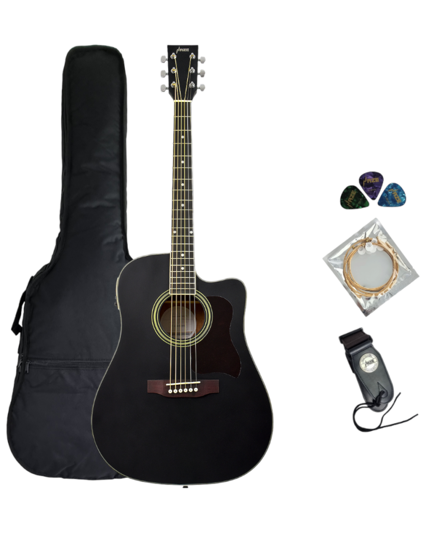 Haze Spruce Top Built-In Pickup/Tuner Dreadnought Acoustic Guitar - Black F650CEQMBK