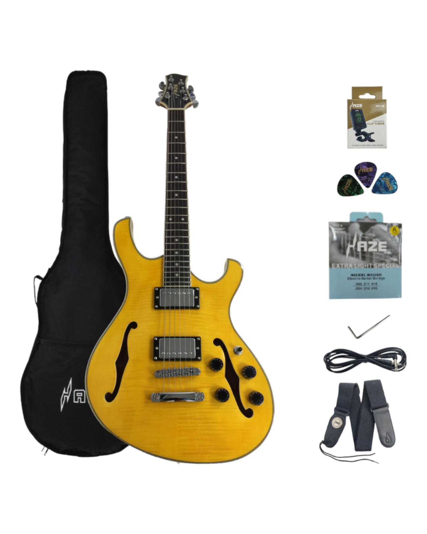 Haze Semi-Hollow Double-Cut Offset HES Electric Guitar - Yellow HD348TN