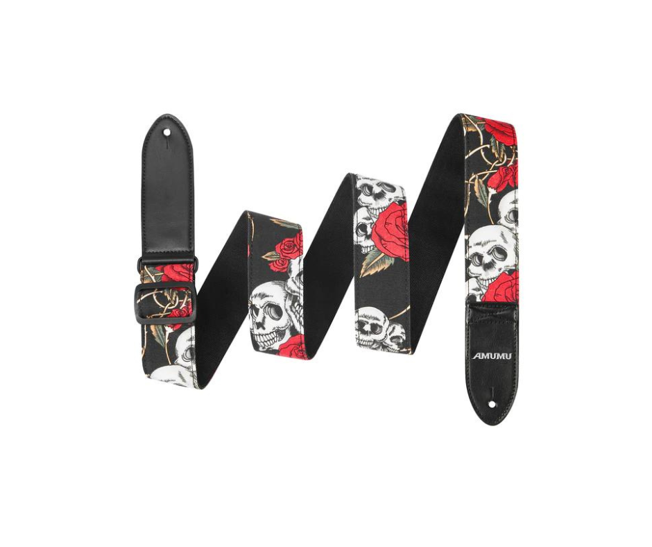 Amumu Skull Rose Guitar Strap Red Denim for Acoustic/ Electric Guitars, Bass - DN01P