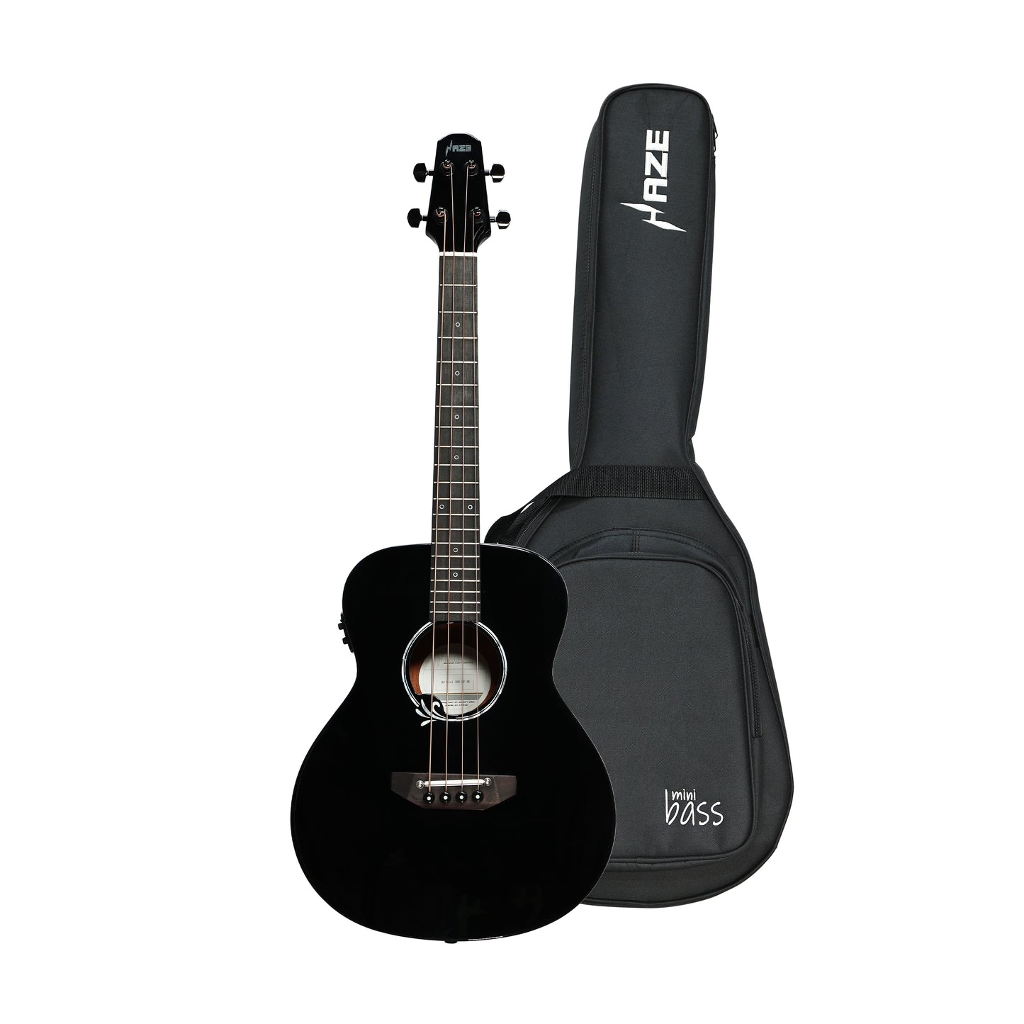Haze 37" Solid Sitka Top Height Adjustable Saddle Acoustic Bass Guitar - Black HZMINISEBSPBK