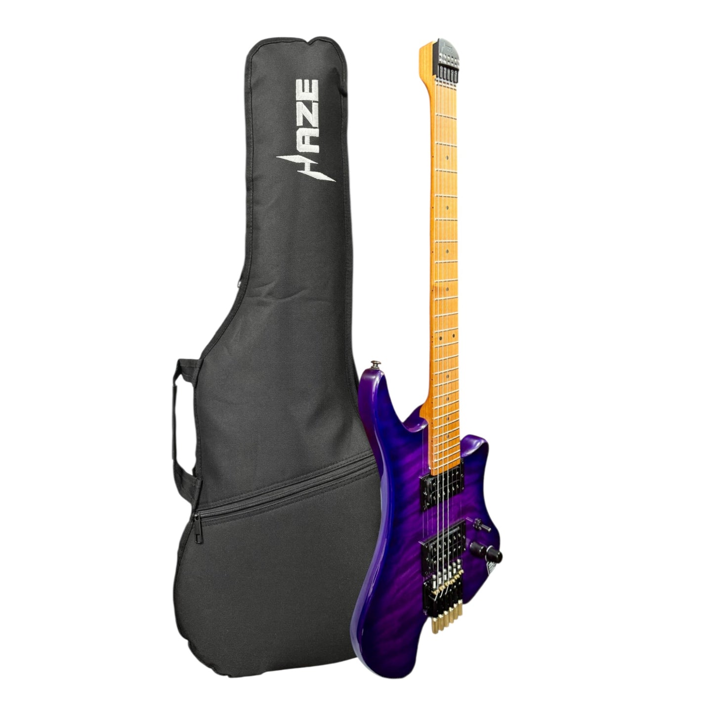Haze HZHL1APU Headless HH Solid Mahogany HHL Electric Guitar - Tiger Purple