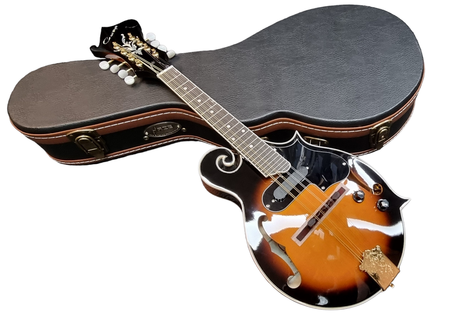 Caraya MA008EQVSHC F-Style Solid Top Electric-Mandolin, Vintage Sunburst + Hard Case