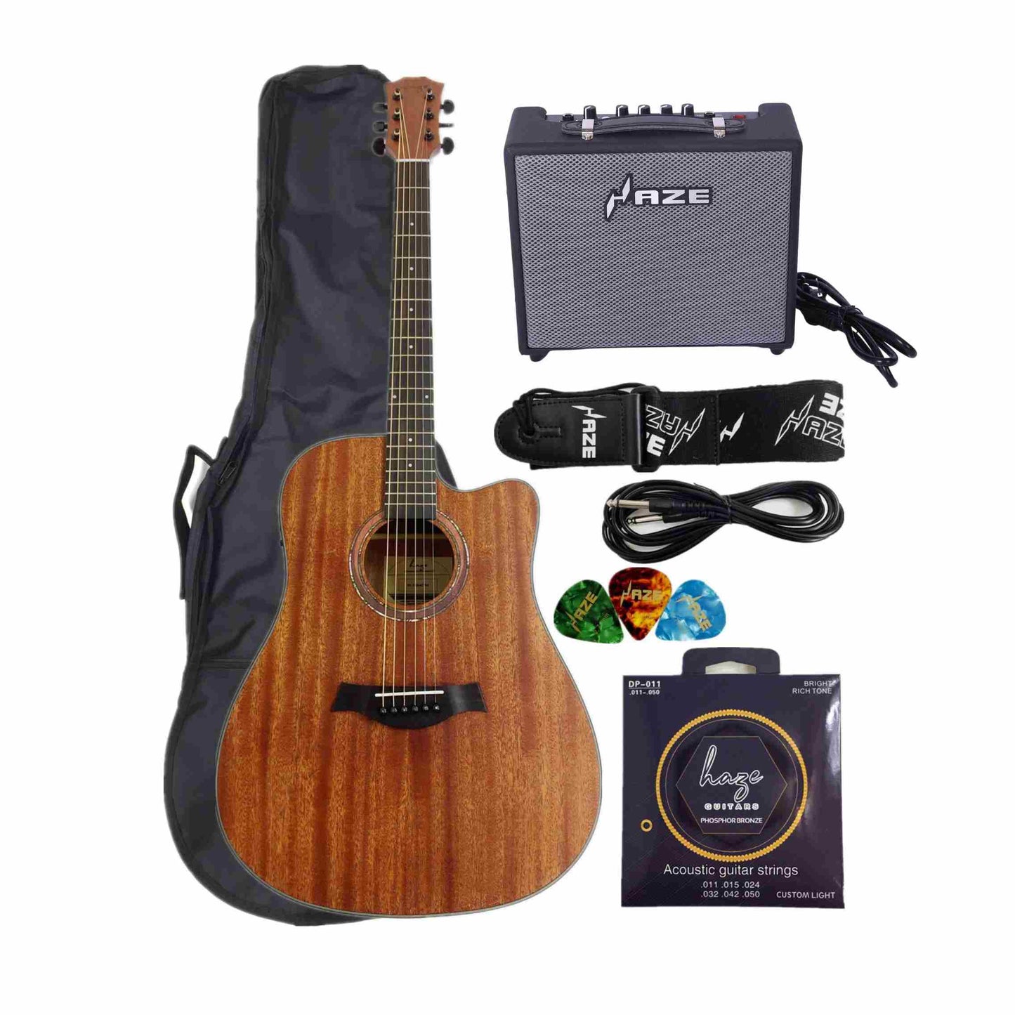 Haze W1654CEQM Solid Mahogany Top Built in Tuner/EQ Electro-Acoustic Guitar, 10W Amp, Accessories Pack