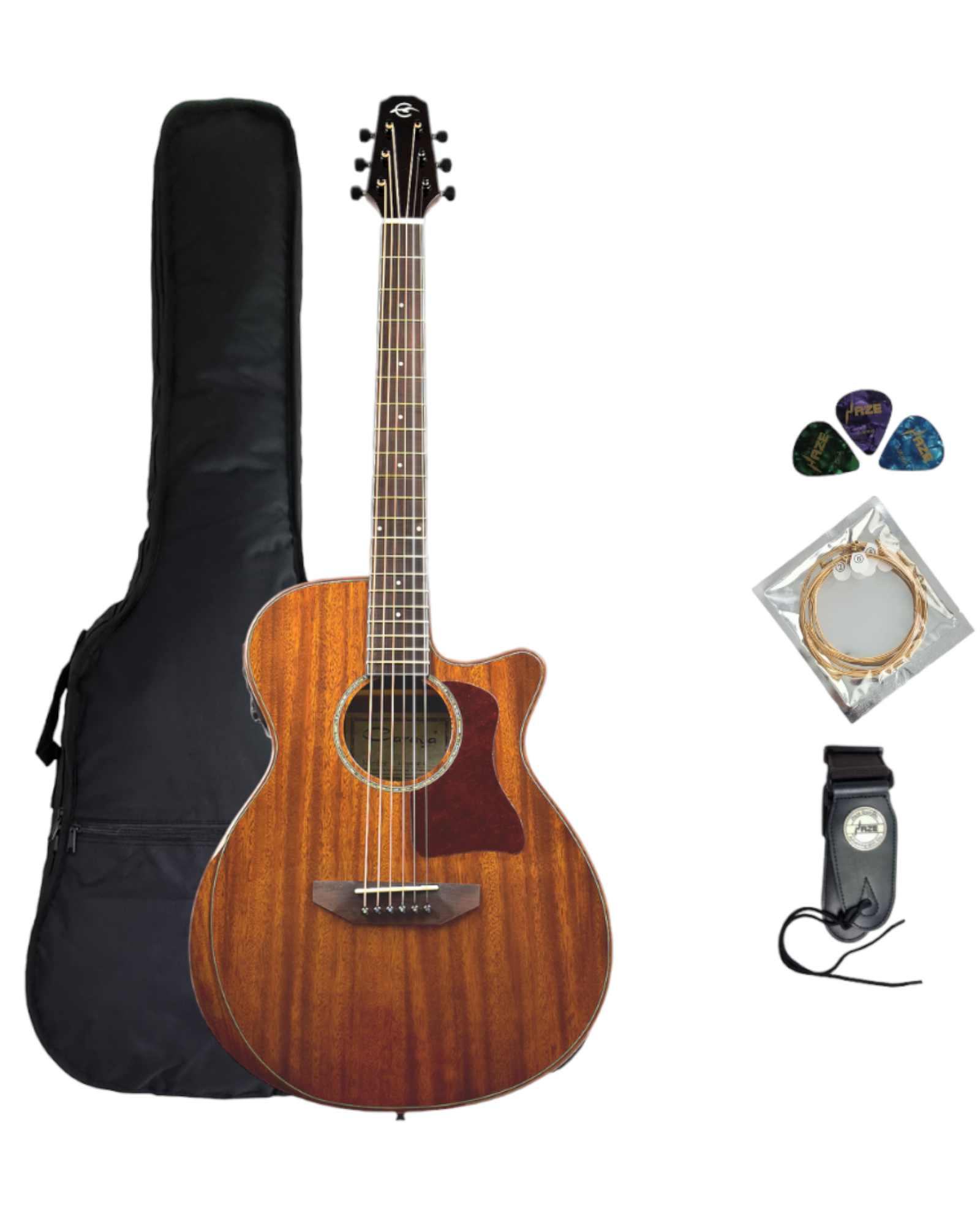 Caraya A2016ARSMT40"/41" Solid Mahogany Beveled Armrest Built-In Pickup/Tuner Acoustic Guitar - Natural