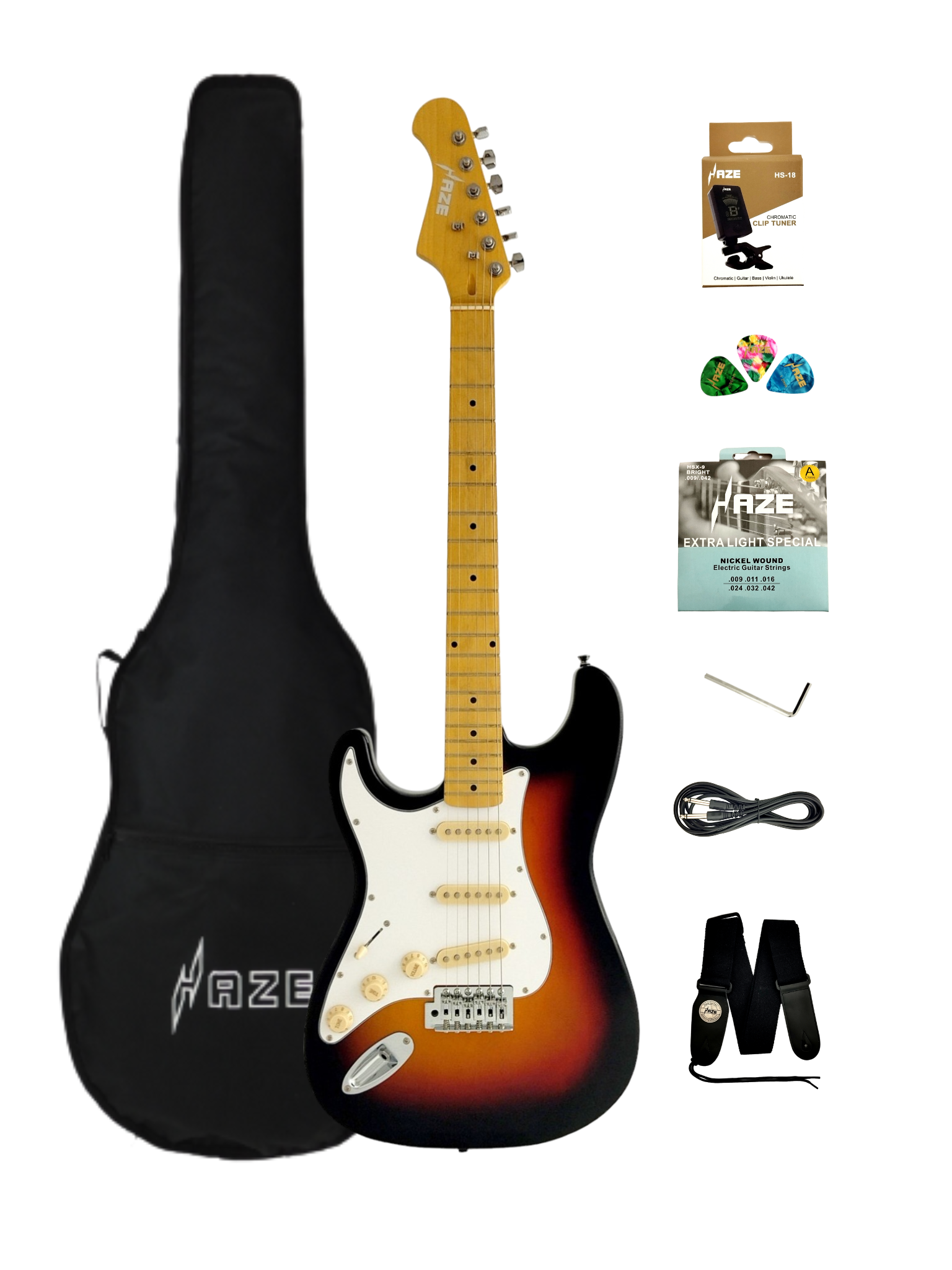 Haze 11HSST Sunburst Left-Handed SSS Electric Guitar + 10W Amp. (Optional)