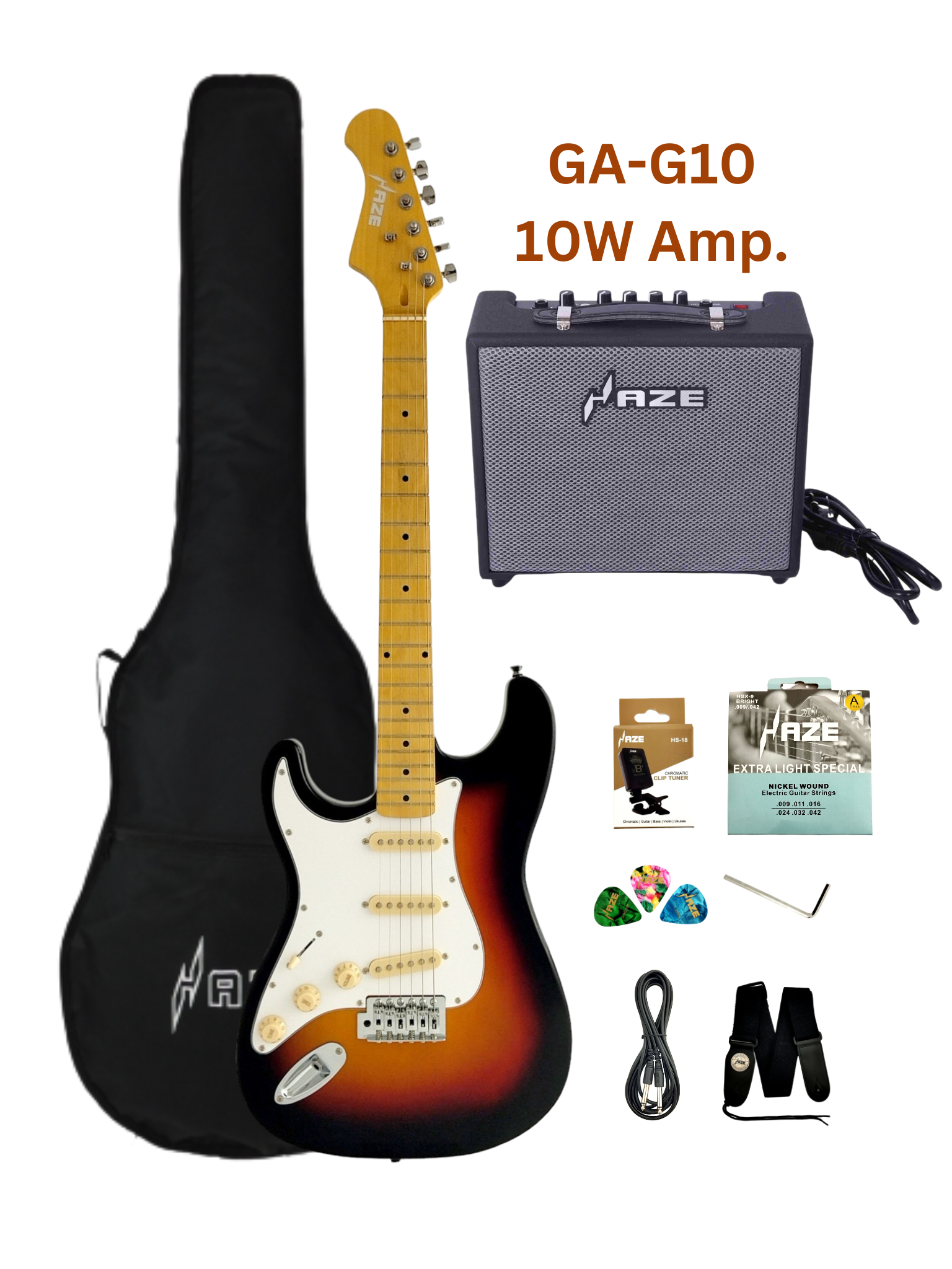 Haze 11HSST Sunburst Left-Handed SSS Electric Guitar + 10W Amp. (Optional)