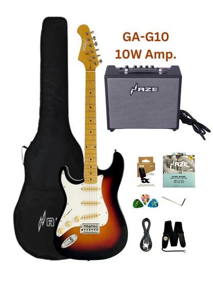 Haze Left Handed SSS Maple Neck HST Electric Guitar - Sunburst 11HSST1910L3TSM + 10W Amp. (Optional)