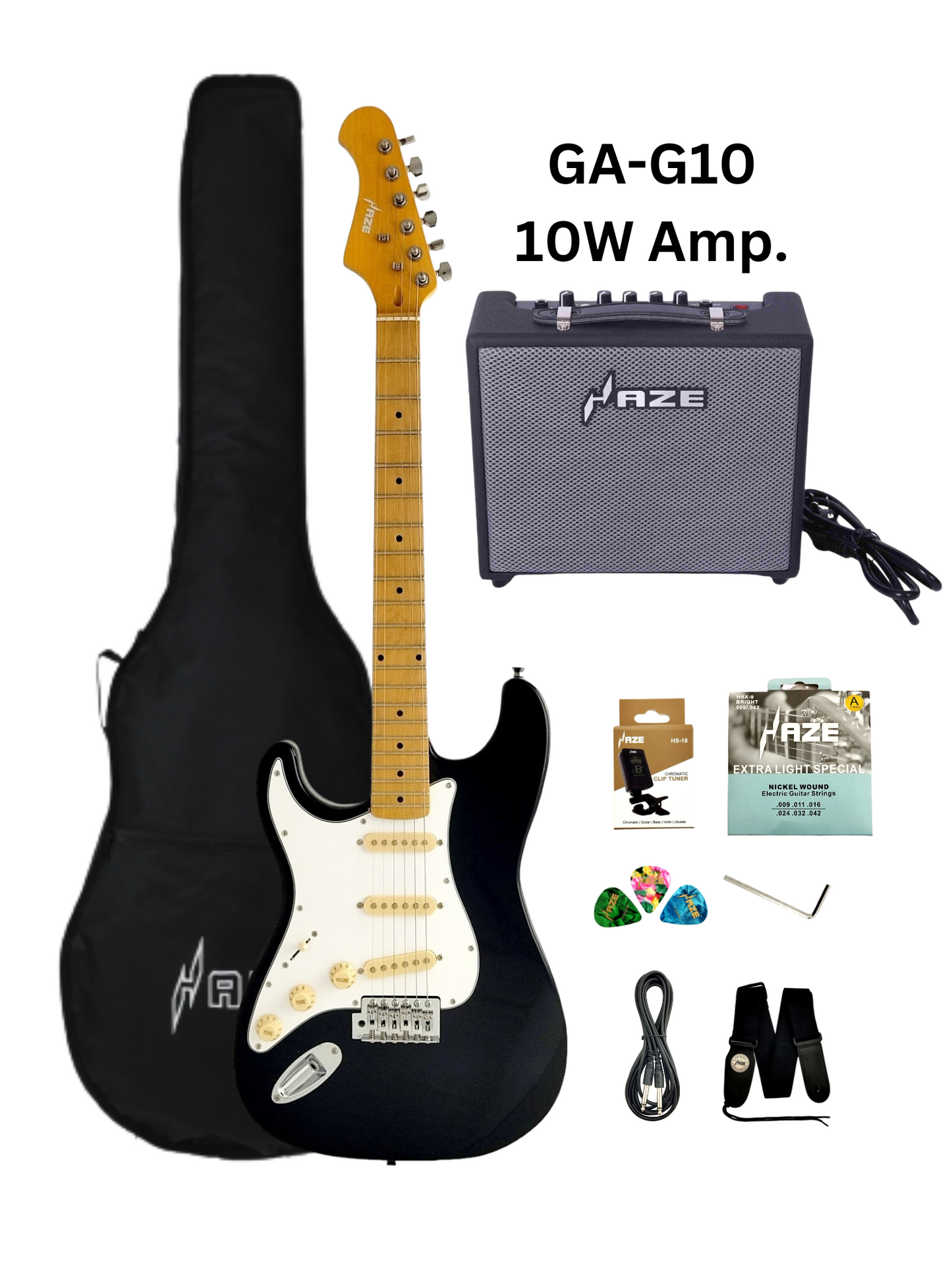 Haze Left Handed SSS Maple Neck HST Electric Guitar - Black 11HSST1910LBKM with Accessories and 10W Amp. (Optional)