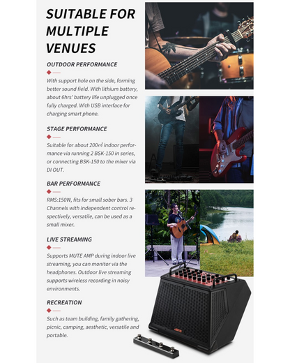 Joyo 150W Professional Multifunctional Rechargeable Outdoor Amp w/ Wireless Footswitch & Smartphone Interface - BSK150