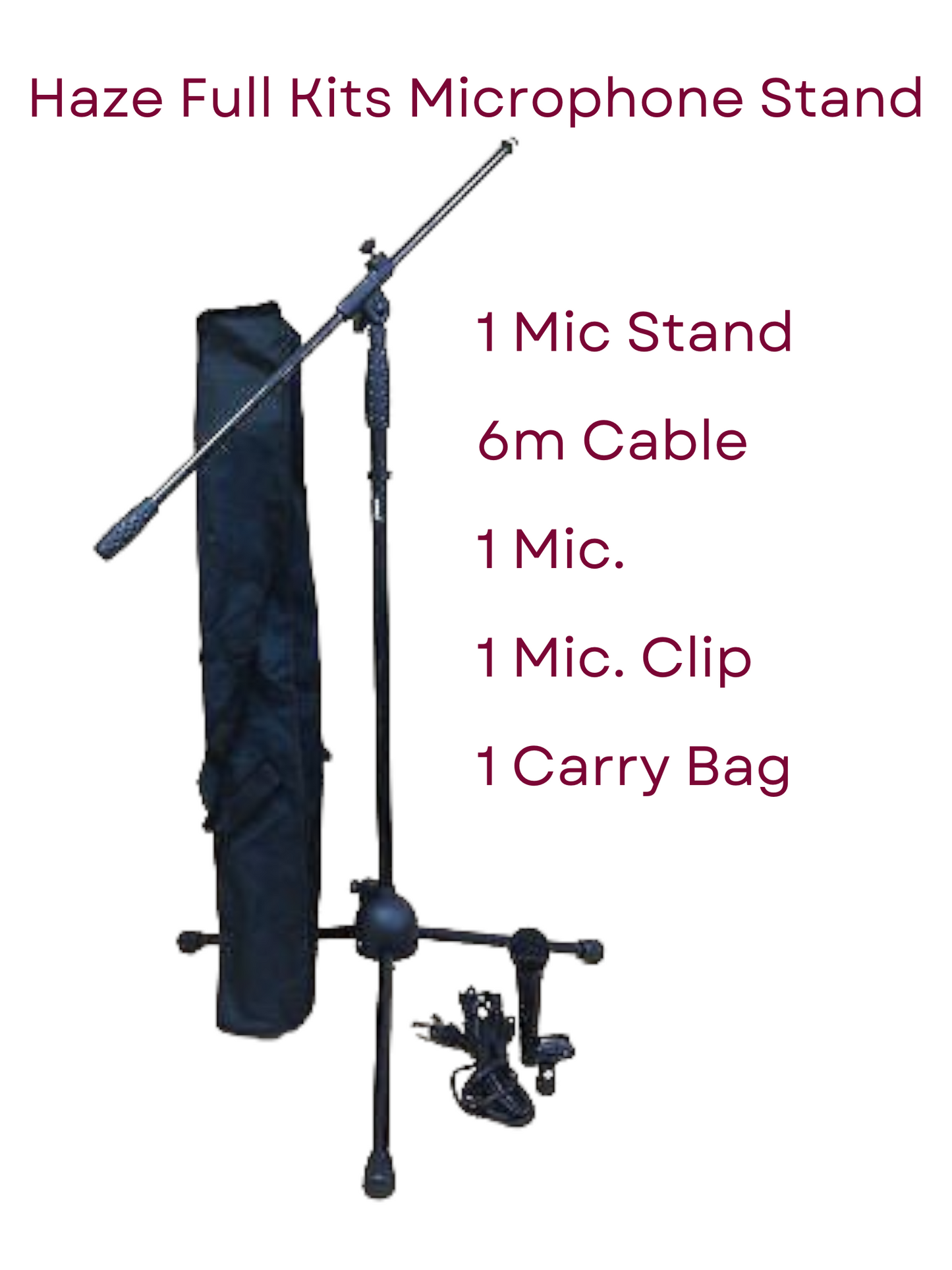 Haze MS1 Adjustable Telescopic Boom Microphone Stand + 6m Cable, Mic, Clip, Carry Bag (Bulk Buy Options)