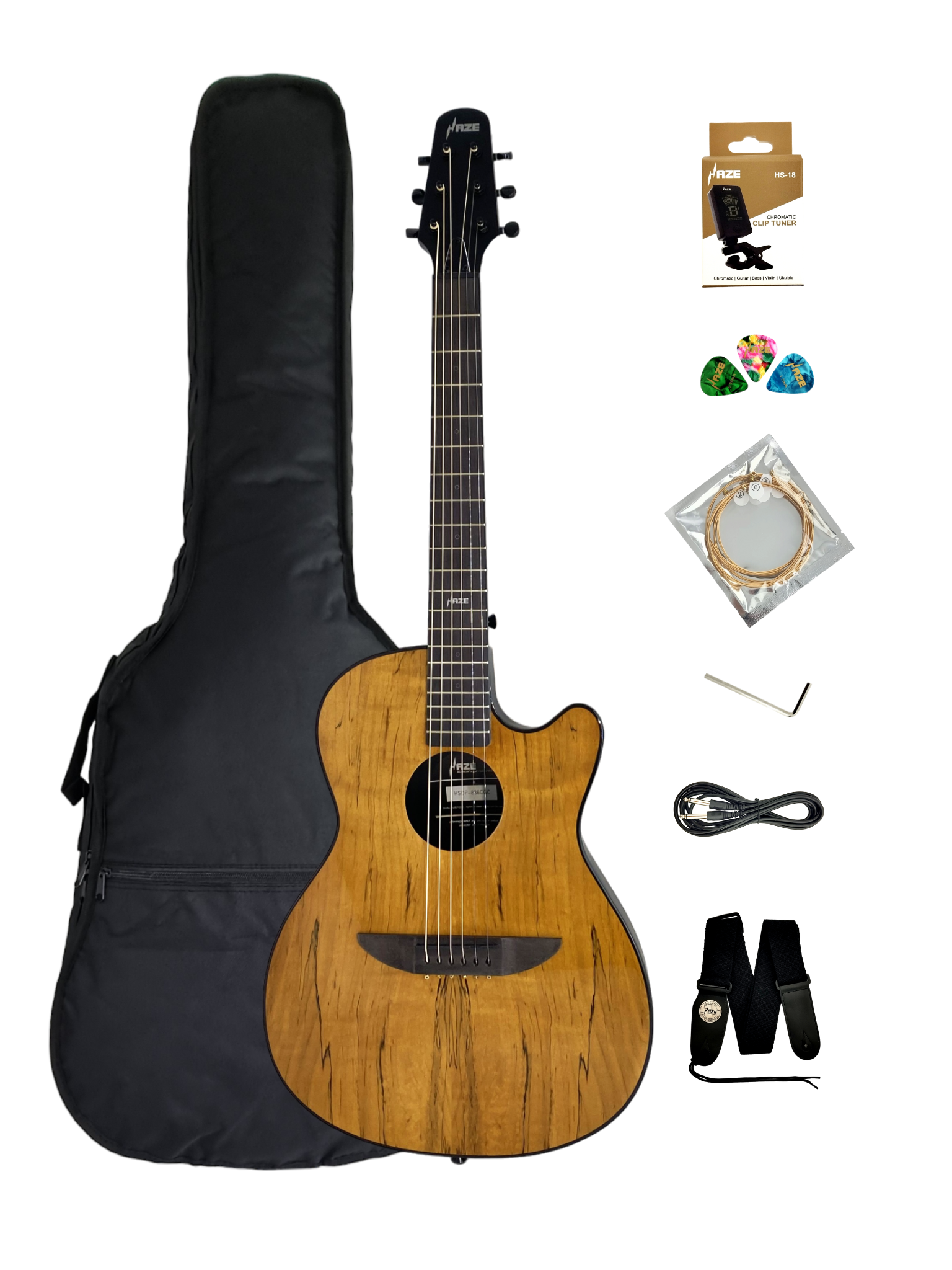 Haze HSDP836CGC Acoustic/Classical Guitar, Spalted Maple Veneer, Round-Back + Free Bago