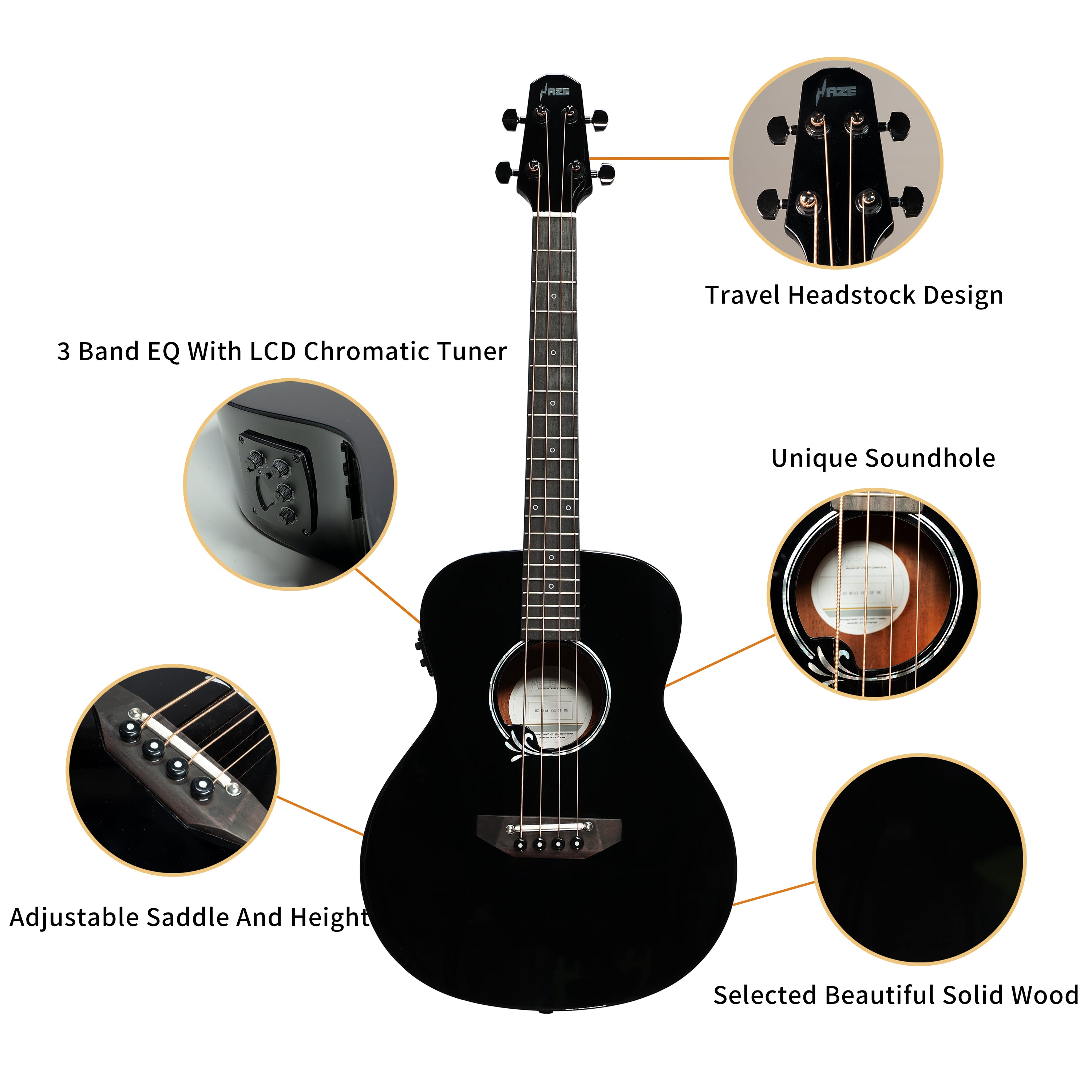 Haze 37" Solid Sitka Top Height Adjustable Saddle Acoustic Bass Guitar - Black HZMINISEBSPBK