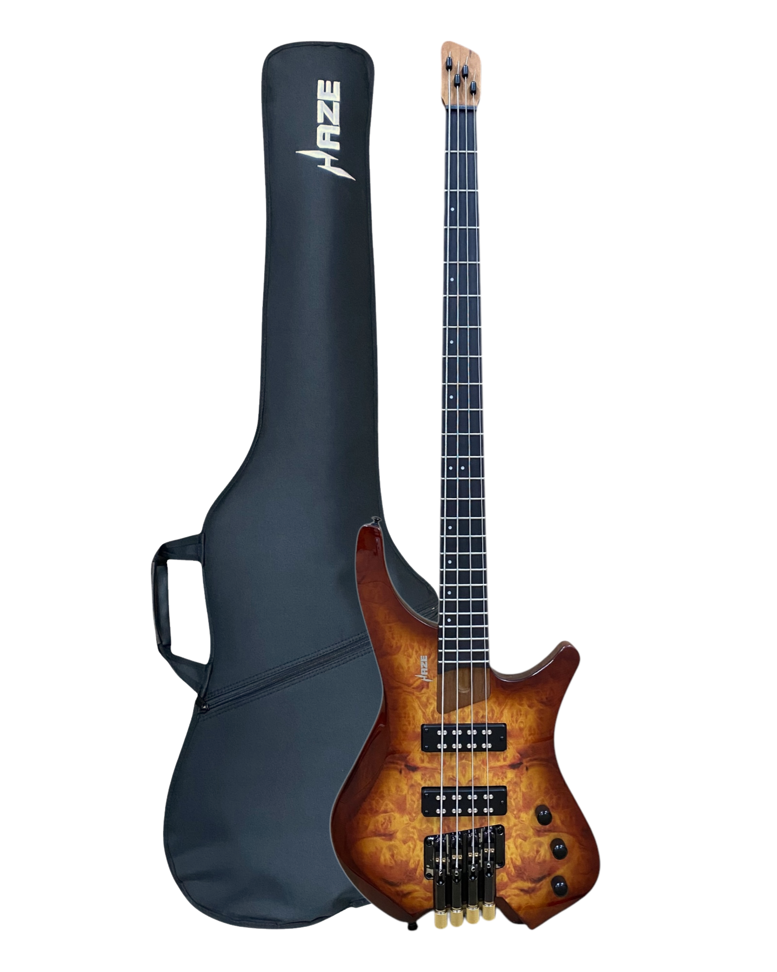 Haze B4H Timberline Series Headless Electric Bass – Roasted Maple Neck, Natural Brown Veneer, & Passive BJ-80 Pickups