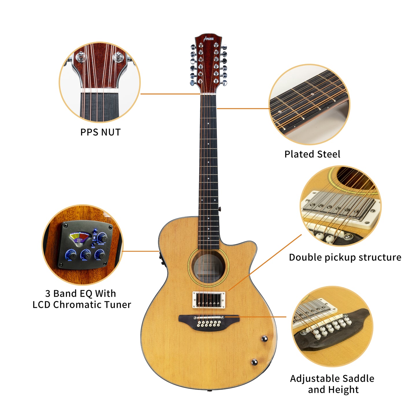 Haze 12-String Humbucker Saddle Height Adjustable Acoustic Guitar - Natural SDG82812CHEQN