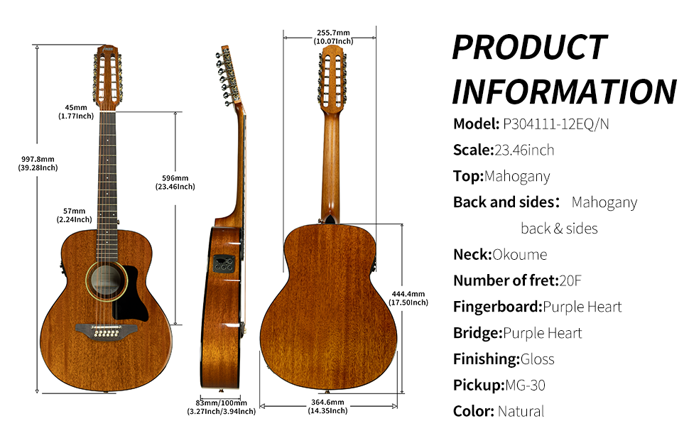 Haze P30411112EQN 12-String 36" Saddle Height Adjustable Acoustic Guitar - Natural