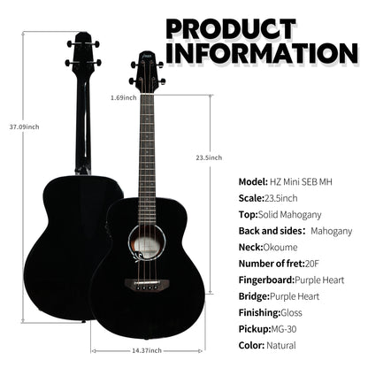 Haze 37" Solid Sitka Top Height Adjustable Saddle Acoustic Bass Guitar - Black HZMINISEBSPBK