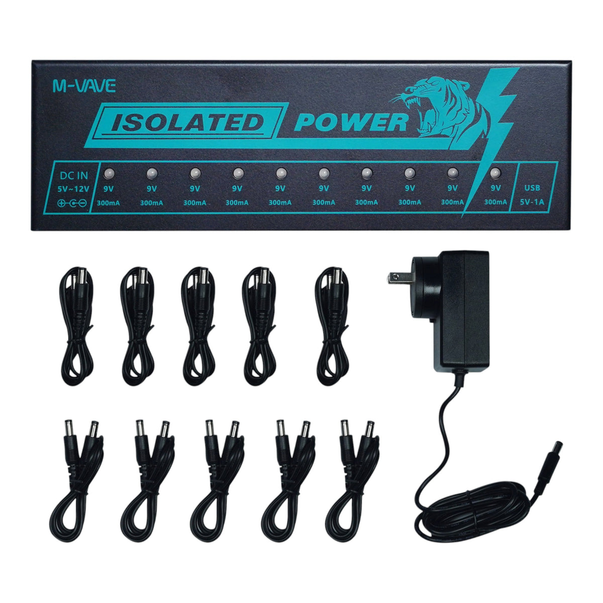 M-VAVE ISOLATEDPOWER 10-Output 9V 300mA Isolated Pedalboard Power Supply w/ Additional 5V USB Output & Over-Current Protection