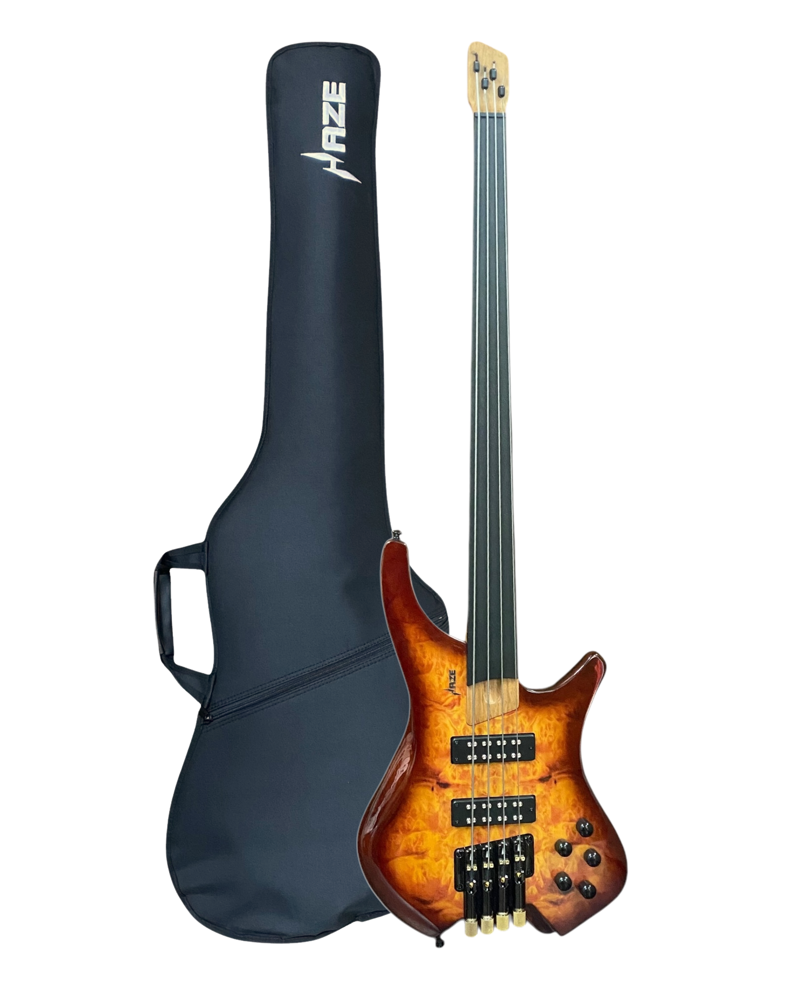 Haze HHLB4 Voyager Series Headless Fretless Electric Bass – Roasted Maple Neck, Brown Sunburst Finish, & Active BJ-80 Pickups