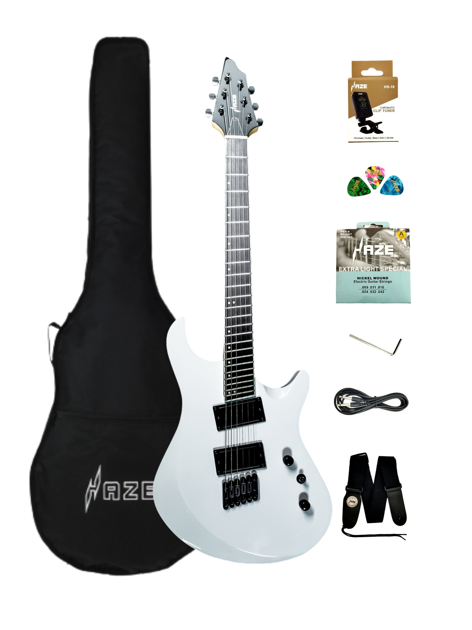 Haze 6FF White 6-String Fanned Fret Electric Guitar with Active Humbuckers